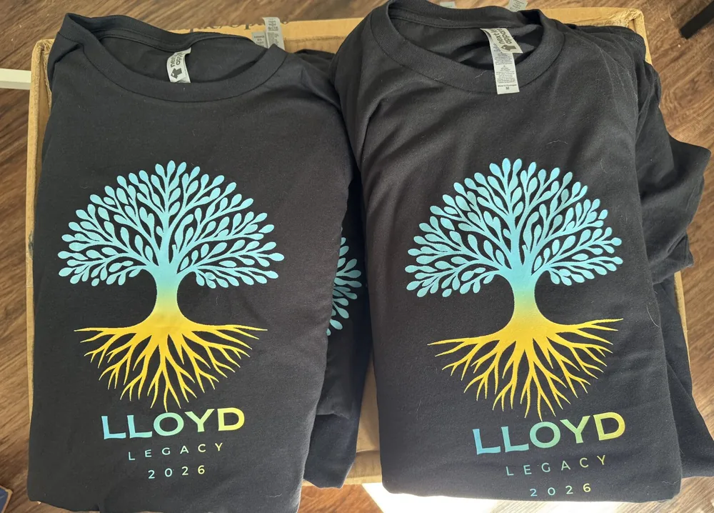 Custom screen printed Lloyd Legacy 2026 reunion t-shirts with tree design